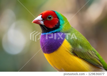 Close up shot of a colorful gouldian finch perched on a branch outdoors Close up shot of a colorful gouldian finch perched on a branch outdoors 129636877
