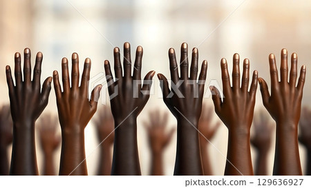 Raised dark skinned hands against a blurred city background showing unity 129636927