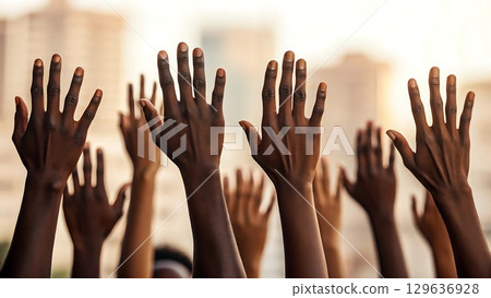 Raised dark skinned hands in a group unity against blurred background light 129636928