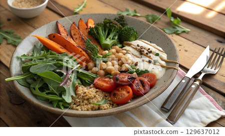 Close Up of Healthy Bowl with Sweet Potatoes Tomatoes and Fresh Leafy Greens on Wooden Table for Clean Eating 129637012