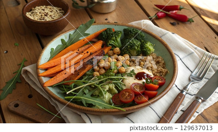 Top view of fresh vegan bowl with broccoli roasted carrots and quinoa on wood 129637013