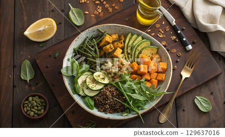 A vibrant buddha bowl with roasted vegetables and fresh greens on a wooden surface 129637016
