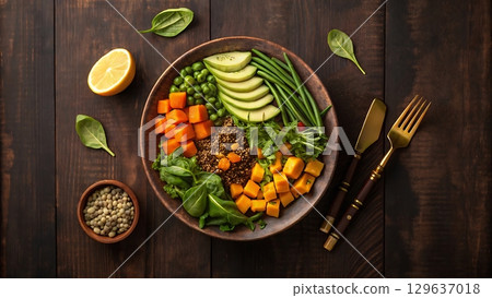 Top view of a buddha bowl with vegetables and quinoa on a dark wooden surface near cutlery 129637018