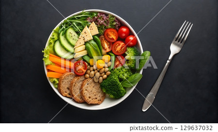 colorful meal of fresh vegetables and bread colorful meal of fresh vegetables and bread 129637032
