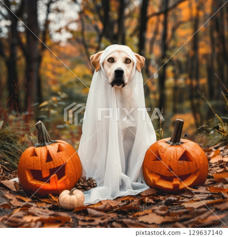 A cute dog in a ghost costume, sitting happily among pumpkins, perfectly capturing the Halloween spirit. 129637140