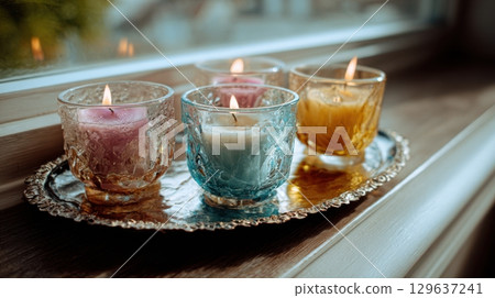 DIY candle plate setup with crystal glasses and colored wax melting on a reflective tray. 129637241