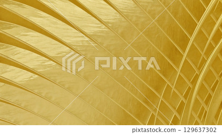 Abstract golden curved surfaces overlapping with reflective texture and modern architectural elegance 129637302