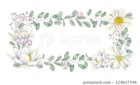 Watercolor white lotus flower heads, pink gypsophila branch and eucalyptus leaves horizontal rectangle frame on isolated background. Floral border for wedding invitations, birthday greeting cards. 129637346