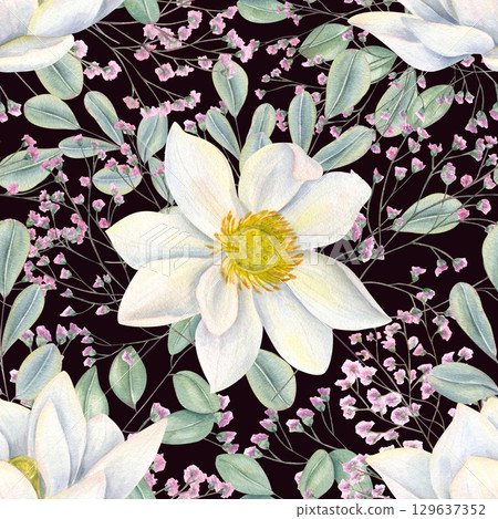 Asian white lotuses, pink gypsophila, and eucalyptus branches seamless watercolor pattern on black background. Blooming delicate flowers and leaves ornate for packaging, textile design, wedding decor 129637352
