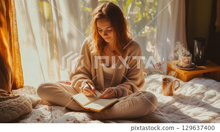 Peaceful indoor moment with a young woman journaling in natural light, wearing cozy neutrals, surrounded by analog textures, ideal for wellness, mindfulness, and interior-themed content. Peaceful indoor moment with a young woman journaling in natural light, wearing cozy neutrals, surrounded by analog textures, ideal for wellness, mindfulness, and interior-themed content. 129637400