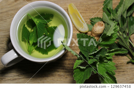 Bunch of fresh mint, slices of lemon and ginger near a cup of mint tea top view detailed photo Bunch of fresh mint, slices of lemon and ginger near a cup of mint tea top view detailed photo 129637458