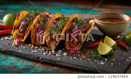 Grilled street-style tacos with Thai chili pepper sauce and fresh herbs on a rustic surface. Fusion cuisine with dramatic shadows and global culinary appeal. 129637464