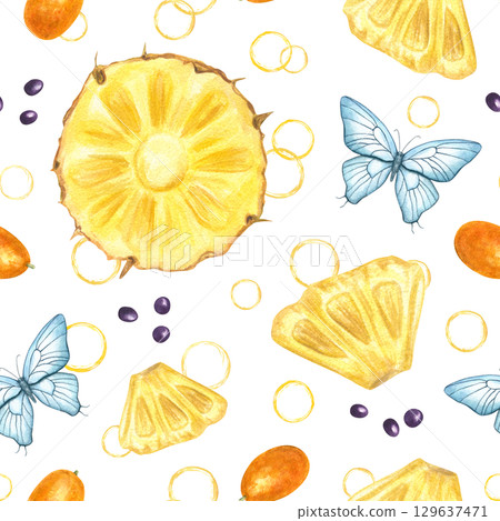 Yellow pineapple slices and blue butterflies watercolor seamless pattern on isolated background. Hand painted tropical fruits and moth ornate for summer textiles, wallpaper designs, home decor. Yellow pineapple slices and blue butterflies watercolor seamless pattern on isolated background. Hand painted tropical fruits and moth ornate for summer textiles, wallpaper designs, home decor. 129637471