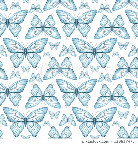 Seamless dense pattern of flying abstract blue moths on isolated background. Hand painted butterflies watercolor illustration. Monochrome ornate for gender party decor, baby shower party, celebration. Seamless dense pattern of flying abstract blue moths on isolated background. Hand painted butterflies watercolor illustration. Monochrome ornate for gender party decor, baby shower party, celebration. 129637473