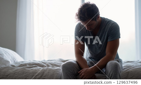 Faceless man sitting on bed in soft morning light, expressing post-holiday fatigue and anxiety Faceless man sitting on bed in soft morning light, expressing post-holiday fatigue and anxiety 129637496