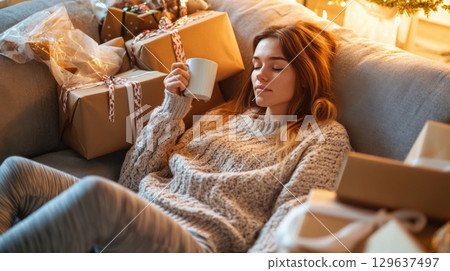 Commercial lifestyle image portraying post-season exhaustion with realistic setting and cozy styling 129637497