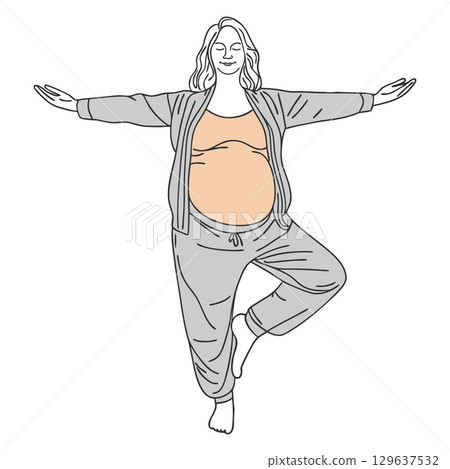Pregnant woman standing on one leg in yoga pose. Healthy lifestyle. Sketch. Outline drawing. Pregnant woman standing on one leg in yoga pose. Healthy lifestyle. Sketch. Outline drawing. 129637532