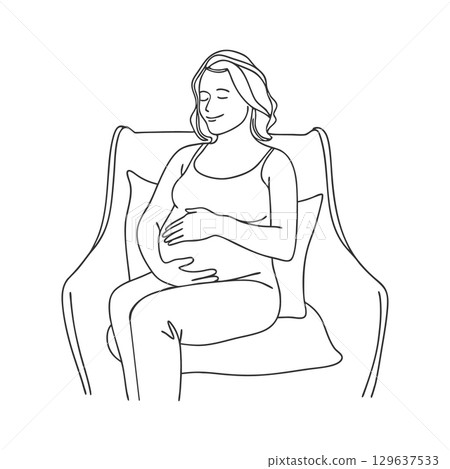 Pregnant woman sitting in a chair holding her belly. Sketch. Outline drawing. Pregnant woman sitting in a chair holding her belly. Sketch. Outline drawing. 129637533