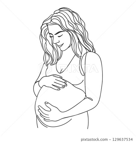 Happy pregnant woman holding her belly. Sketch, line illustration. 129637534