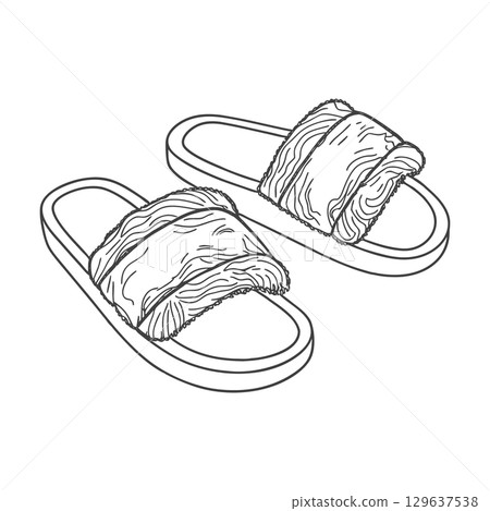 A pair of cozy house slippers with fur. Hand drawn illustration of slippers. Relaxing footwear illustration. A pair of cozy house slippers with fur. Hand drawn illustration of slippers. Relaxing footwear illustration. 129637538