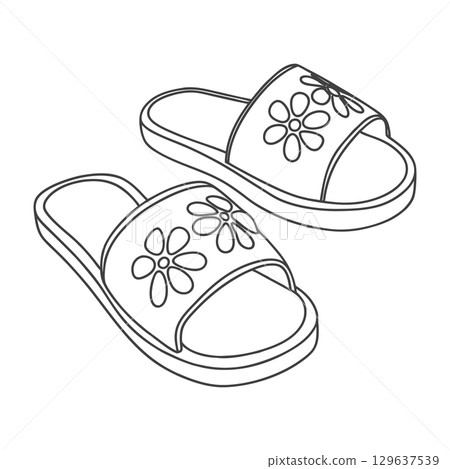 A pair of slippers with a floral pattern. Hand drawn illustration of slippers. Relaxing footwear illustration. 129637539