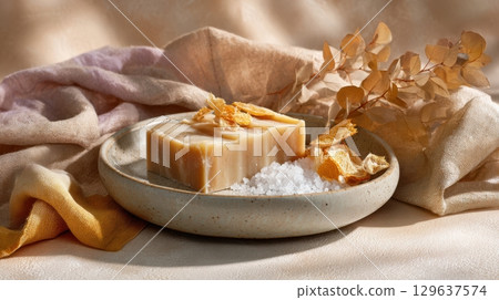 Handmade organic soap bar on ceramic plate with eucalyptus, dried citrus, coarse salt and linen napkin, styled on earthy surface with warm golden light and soft textures 129637574