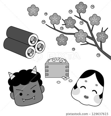 Monochrome hand-drawn illustration of Japanese Setsubun festival icons Monochrome hand-drawn illustration of Japanese Setsubun festival icons 129637615