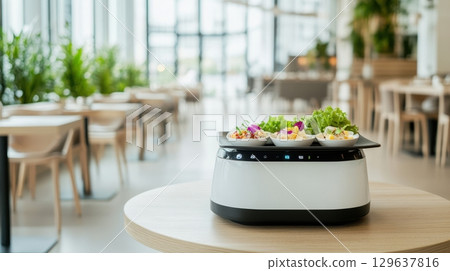 Compact service robot delivering tray with multiple dishes in a bright modern restaurant interior showcasing automation and futuristic dining experience 129637816