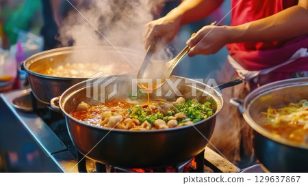 Asian culinary scene featuring traditional Malatang preparation in an urban night market setting 129637867