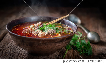 Steaming bowl of Malatang soup with skewers of meat and vegetables in rich spicy broth served on rustic wooden table 129637878