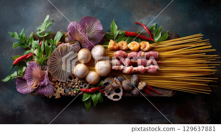 Fresh skewered meat, noodles, seafood and herbs prepared for traditional Malatang hotpot photography 129637881
