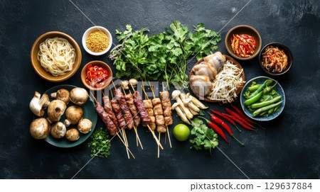 Overhead flatlay of vibrant Malatang ingredients on dark rustic background for authentic Asian food styling 129637884