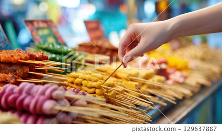 Asian culinary lifestyle image showcasing traditional Malatang preparation at a lively food court Asian culinary lifestyle image showcasing traditional Malatang preparation at a lively food court 129637887