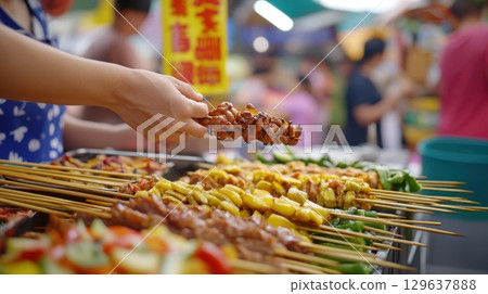 Asian culinary lifestyle image showcasing traditional Malatang preparation at a lively food court 129637888