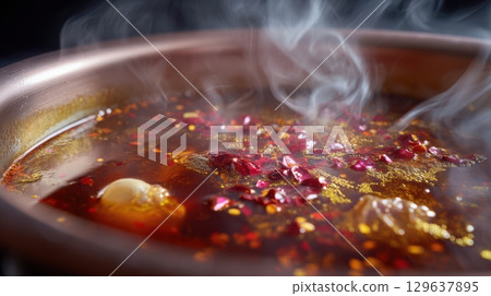 Boiling Malatang hotpot with shimmering chili oil, pepper flakes and garlic in rich aromatic broth with dramatic rising steam 129637895