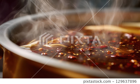 Boiling Malatang hotpot with shimmering chili oil, pepper flakes and garlic in rich aromatic broth with dramatic rising steam 129637896