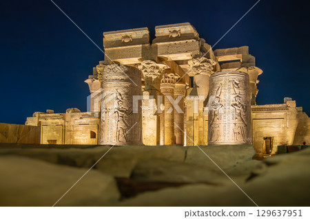 Majestic Columns at Temple of Kom Ombo Egypt Night Scene 129637951