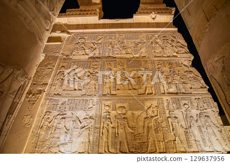 Stunning Ancient Hieroglyphs at the Temple of Kom Ombo in Egypt. 129637956