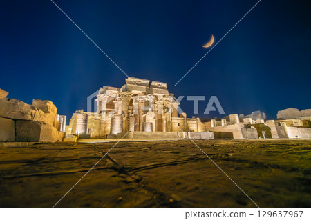 Crescent Moon Over the Temple of Kom Ombo in Egypt at Night 129637967