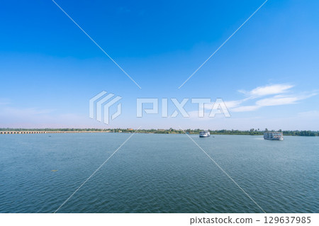 Nile River panoramic view with cruise ships near Esna Lock Egypt spring. 129637985