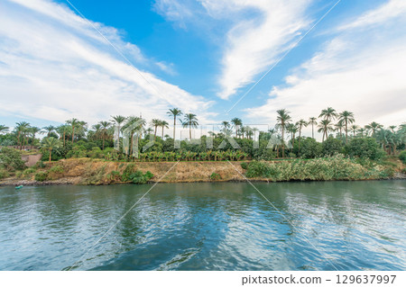 Scenic Riverside View of Esna Lock Nile River Egypt. Scenic Riverside View of Esna Lock Nile River Egypt. 129637997