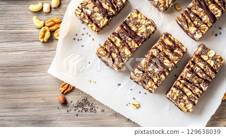 Homemade superfood energy bars with oats, chia and nuts styled rustic for healthy snack visuals 129638039