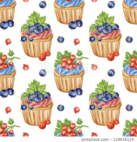 Seamless pattern with sweet red and black currant muffins. Watercolor print for festive textiles, confectionery packaging, culinary paper, scrapbooking. Colorful pattern with pastries summer berries. 129638124