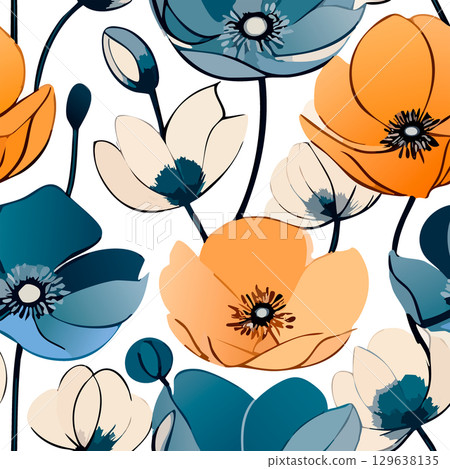 Seamless floral pattern with colorful flowers and butterflies on a transparent background Seamless floral pattern with colorful flowers and butterflies on a transparent background 129638135