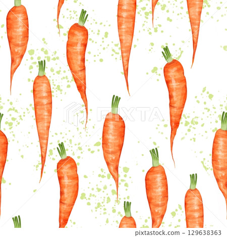 Carrot in a watercolor style, healthy food seamless pattern. Vegetables background. 129638363