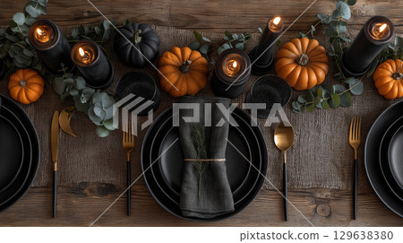 Cozy yet spooky table decor perfect for festive branding visuals 129638380