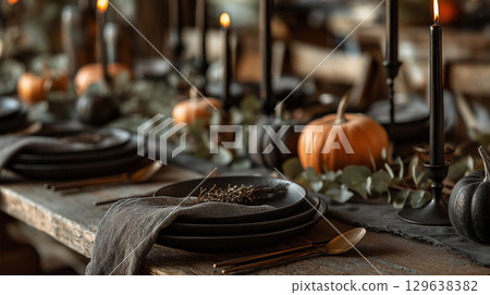 Halloween table setting with black plates, brass cutlery and candlelight styled for autumn holiday 129638382