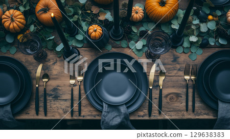 Halloween table setting with black ceramic plates, brass cutlery, linen napkins and candles on rustic autumn table 129638383