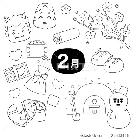 February events and seasonal motifs illustration set (line drawings) February events and seasonal motifs illustration set (line drawings) 129638416