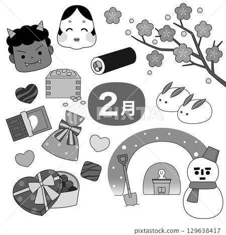 February events and seasonal motifs illustration set (monochrome) 129638417